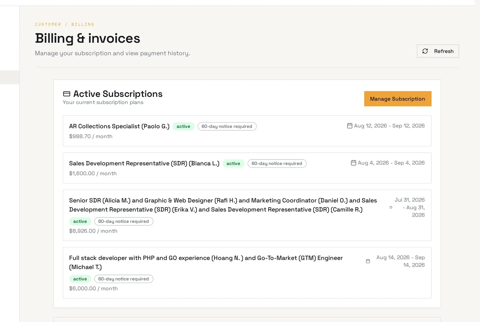 Billing and invoices screen showing active subscriptions and monthly cost per seat