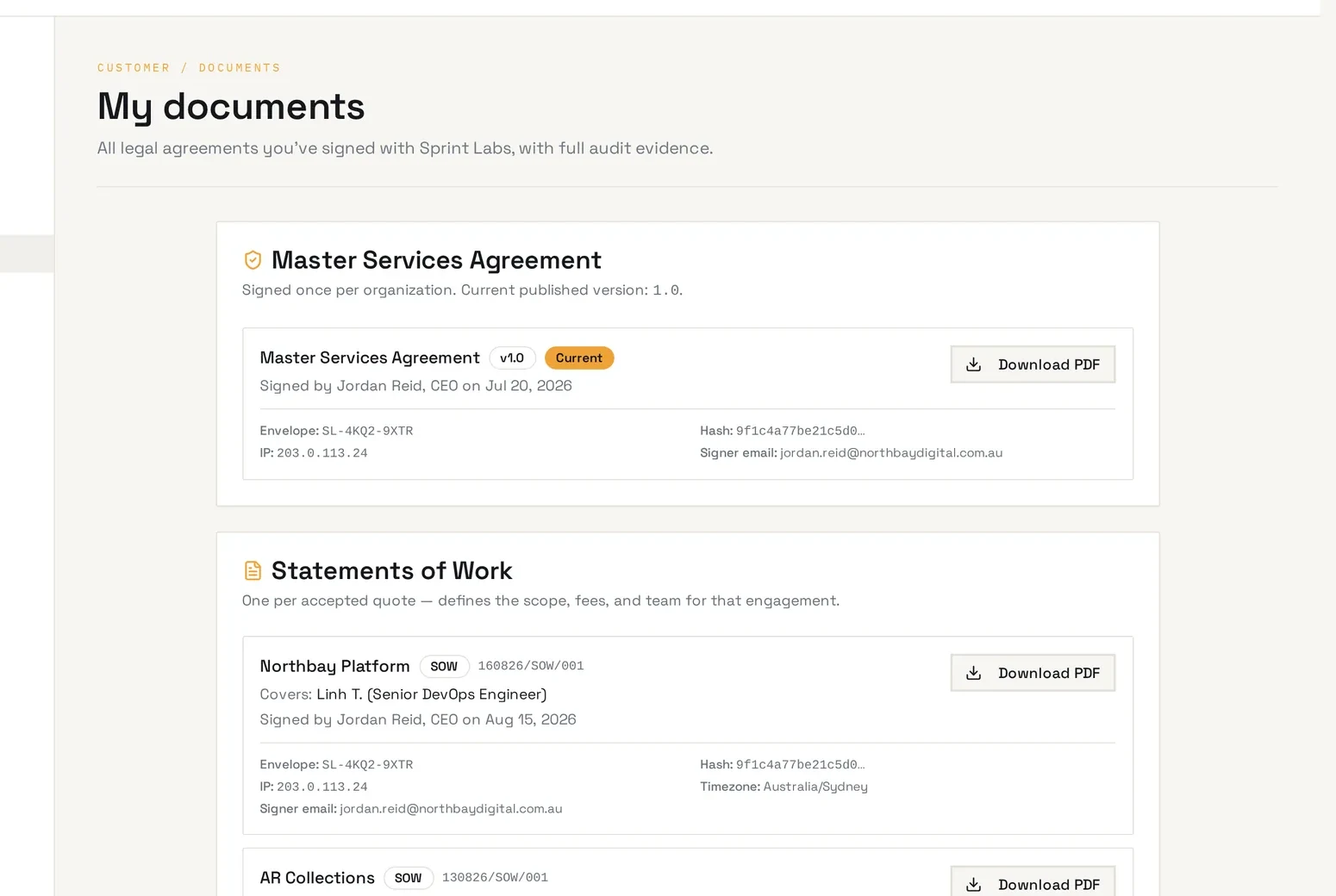 Documents screen showing signed Master Services Agreement and Work Orders with audit evidence