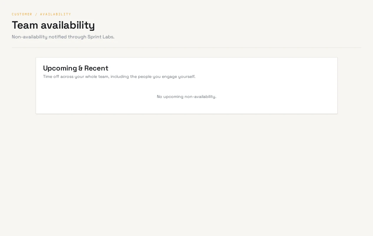 Team availability screen showing upcoming non-availability managed by Sprint Labs